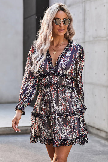 Woochic robe à manches longues col en V imprimé trapèze bleu clair S